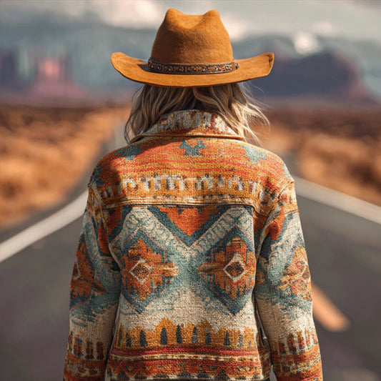 Bohemian Western Style Navajo Totem Geometric Pattern Lapel Long-sleeved Jacket artswardrobe